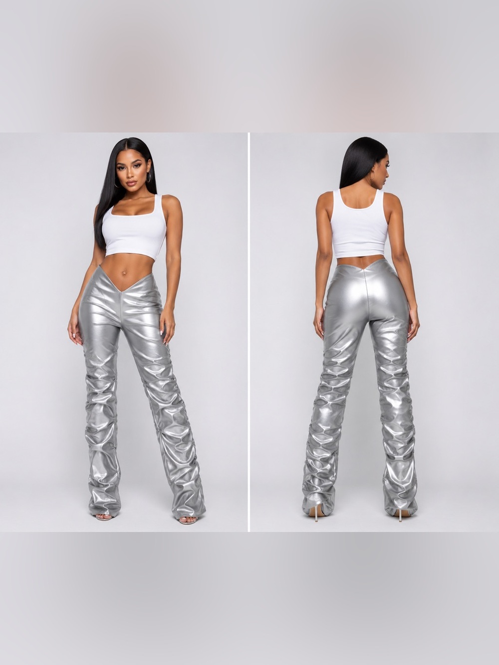 Metallic Silver V-Waist Faux Leather Pants